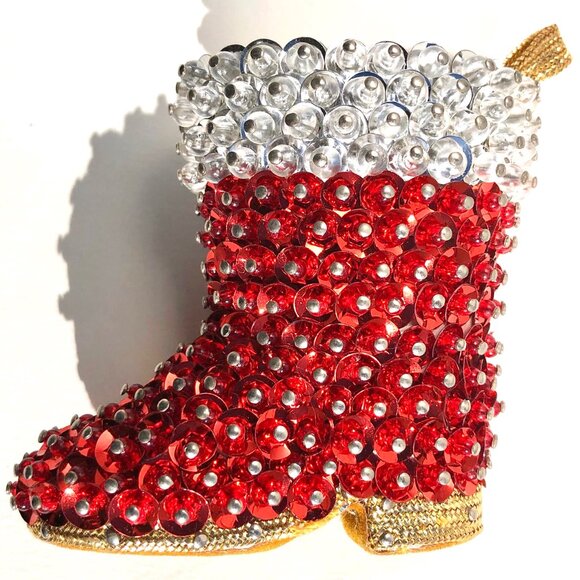 Vintage Push Pin Christmas Ornament Santa's Boot Handcrafted Red Sequins Beaded - Picture 11 of 14